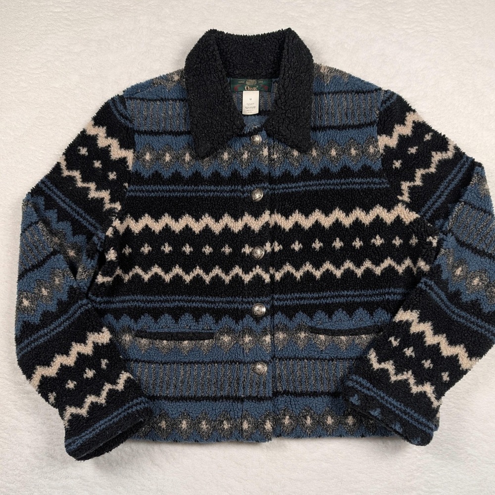 Vintage‎ Orvis Jacket Womens Medium Blue Fleece Southwestern Aztec Button USA - Picture 2 of 9
